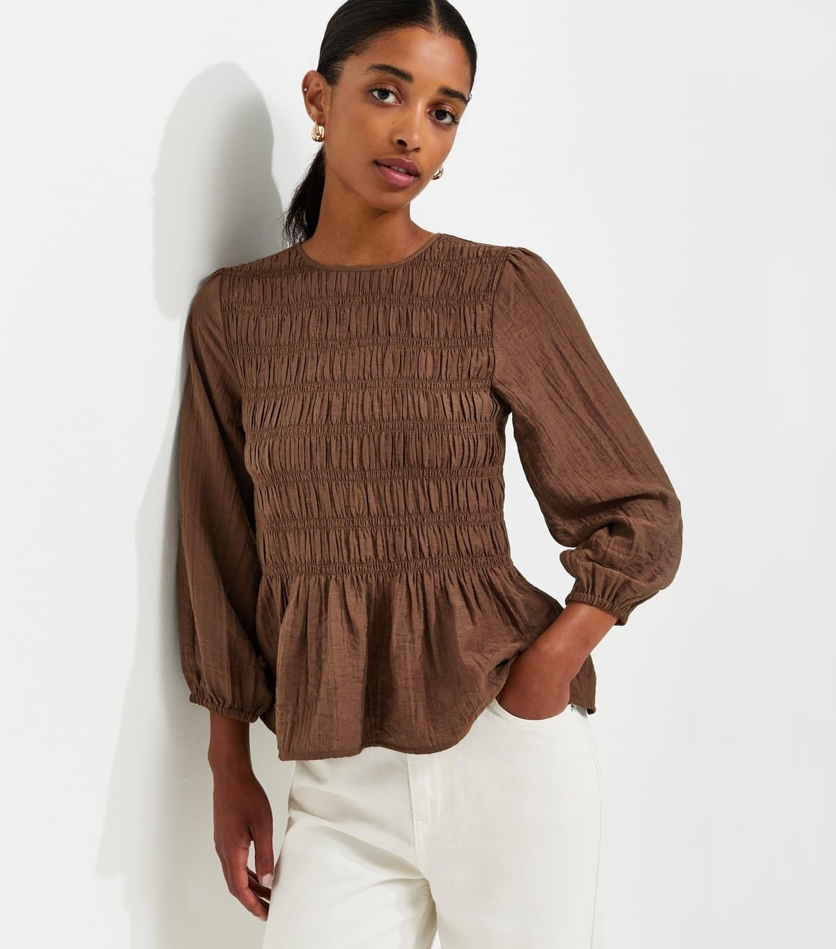 New Look Women's Dark Brown Shirred Long Sleeve Blouse New Look