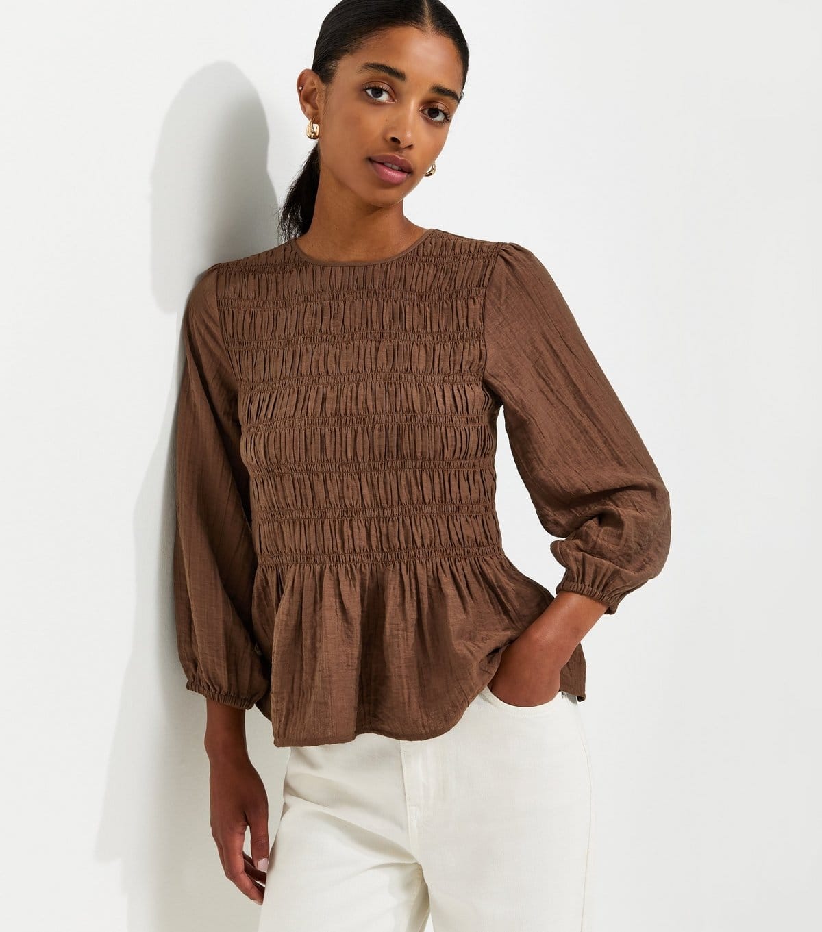 New Look Dark Brown Woven Crinkled Long Sleeve Blouse