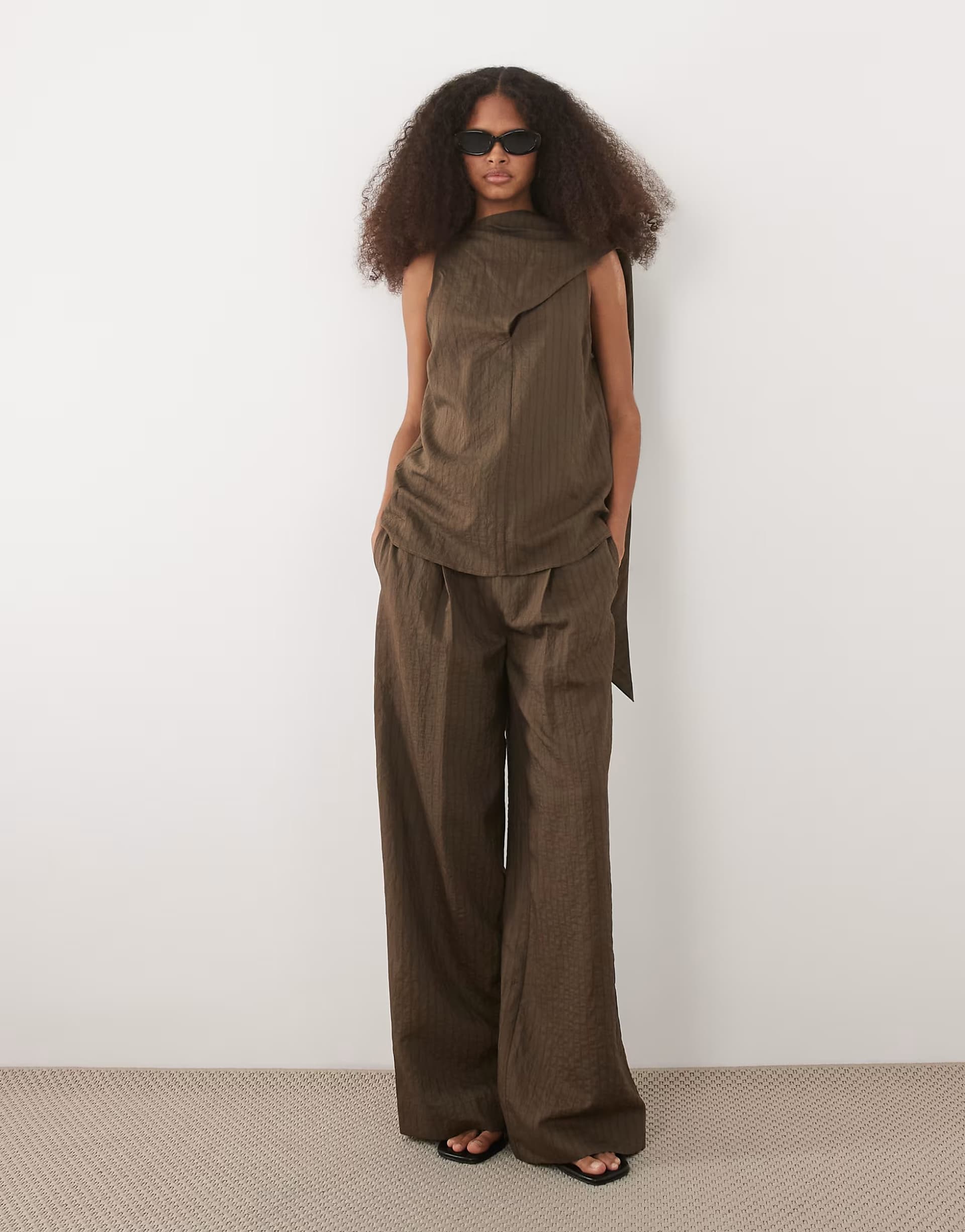 ASOS Mango Tatu tie front pleat front straight trouser co-ord in brown stripe