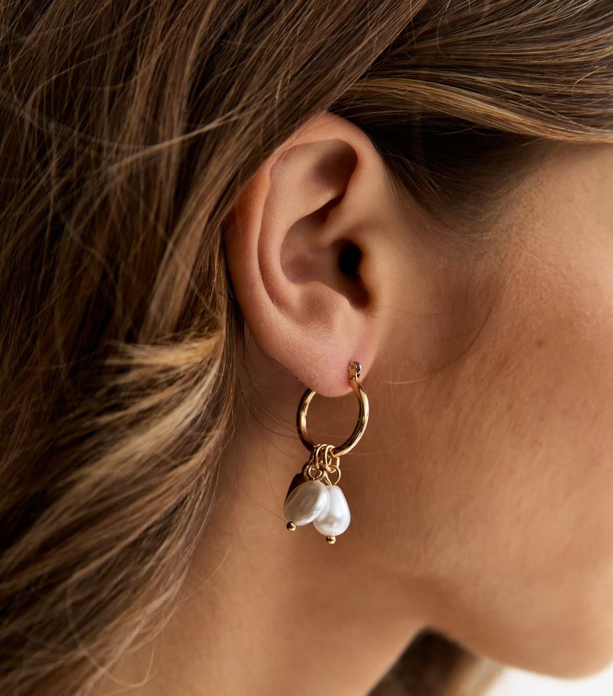 New Look Gold Tone Faux Pearl Charm Hoop Earrings New Look