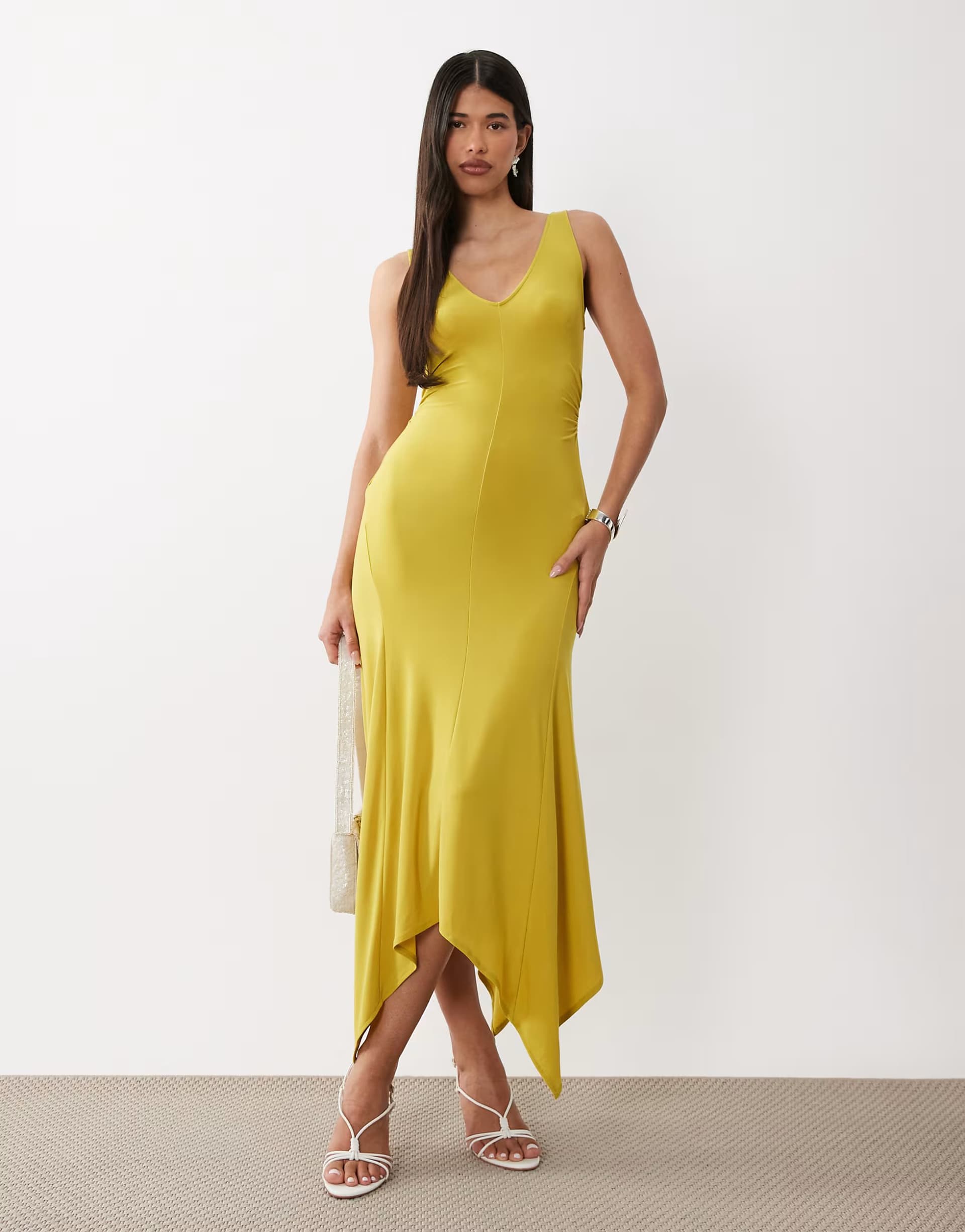 ASOS ASOS DESIGN v neck hanky hem soft slinky midi dress in chartreuse