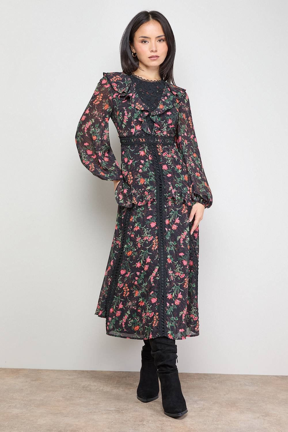 Oasis Oasis Women's Petite Chiffon Printed Lace Trim Detail Ruffle Midi Dress in Black - 2