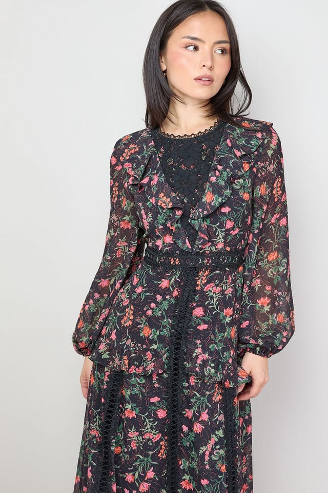 Oasis Oasis Women's Petite Chiffon Printed Lace Trim Detail Ruffle Midi Dress in Black - 2