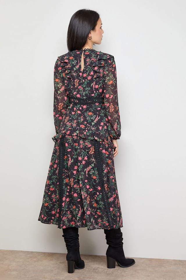 Oasis Oasis Women's Petite Chiffon Printed Lace Trim Detail Ruffle Midi Dress in Black - 3