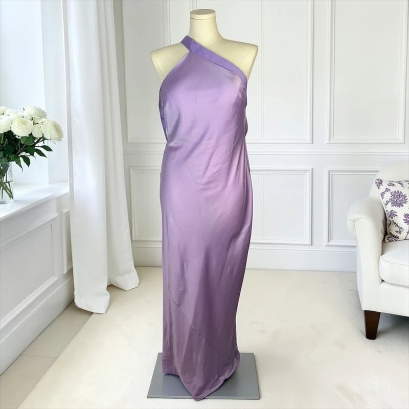 ASOS Design UK 16 ASOS Design Lilac Satin One Shoulder Maxi Dress Open Back Slip Occasion Evening - 1