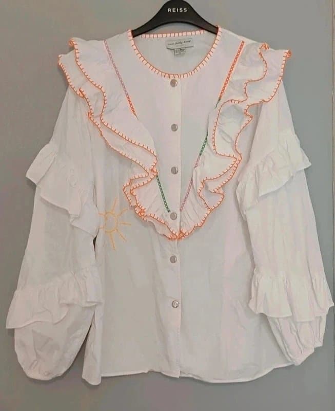 Never Fully Dressed Never Fully Dressed Austin White Frill Embroidered Cotton Shirt - size 12