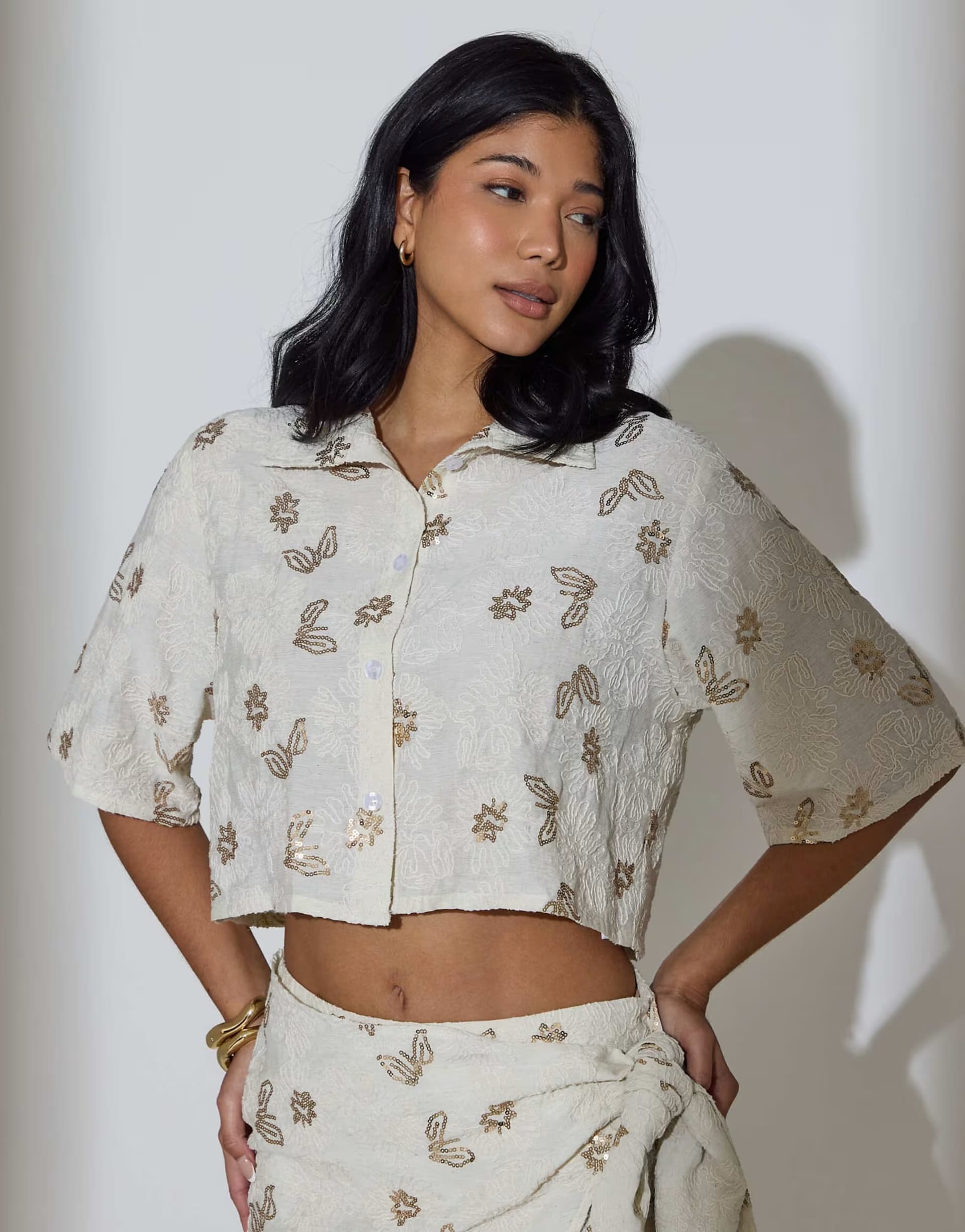 ASOS South Beach Floral sequin embroidered short sleeve shirt in cream