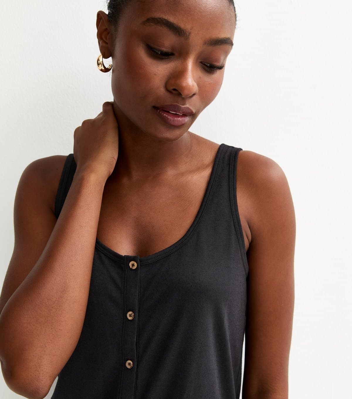 New Look Women's Black Slub Button Tank Top New Look