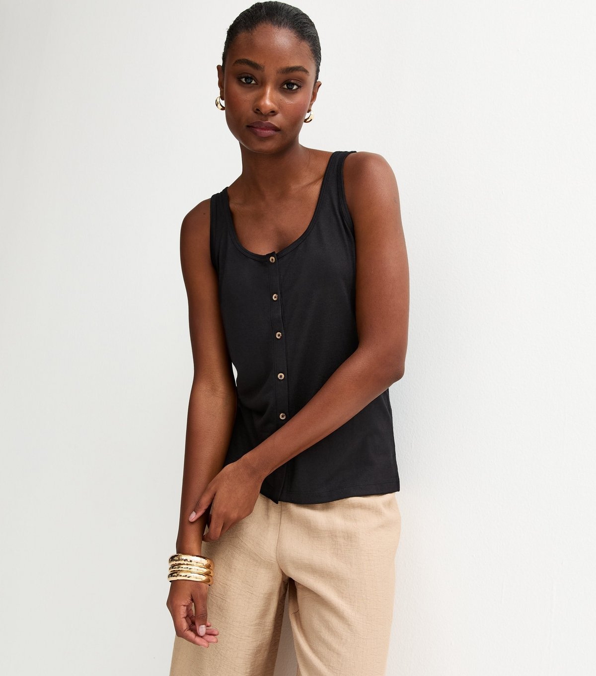 New Look Women's Black Slub Button Tank Top New Look - 2