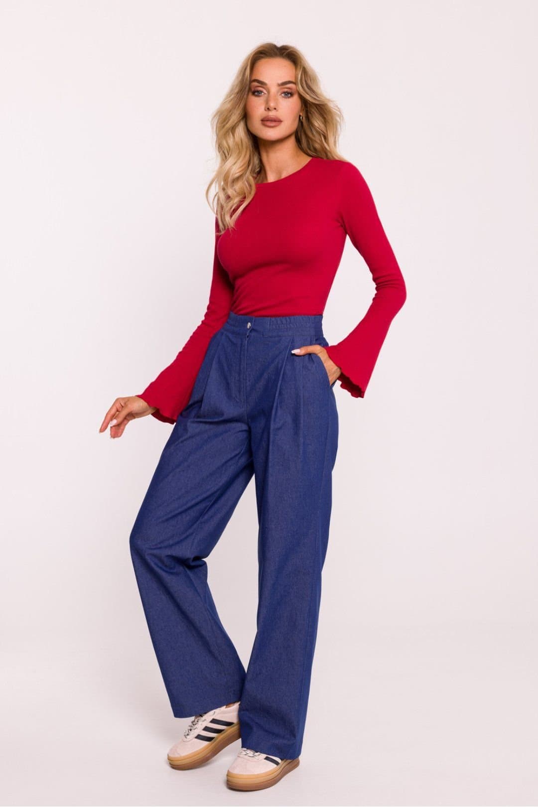 Love Lace Love Lace Women's Wide Leg Cotton Trousers with Elastic Waist Style 199680 in Blue