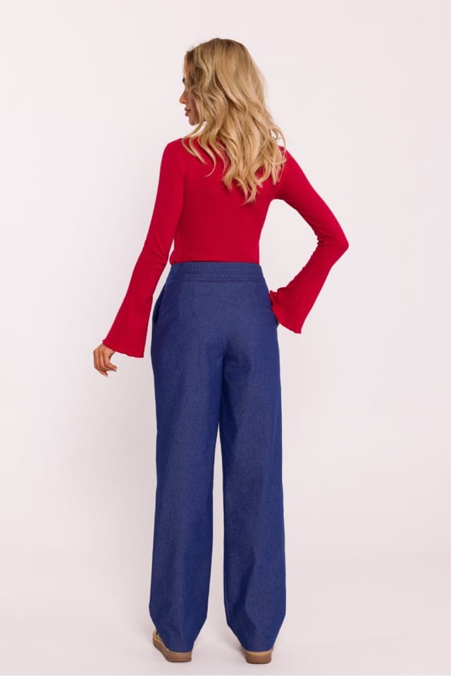 Love Lace Love Lace Women's Wide Leg Cotton Trousers with Elastic Waist Style 199680 in Blue - 2