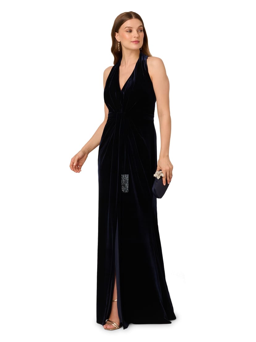 Adrianna Papell Adrianna Papell Women's Halter Draped Velvet Gown in Navy - 1