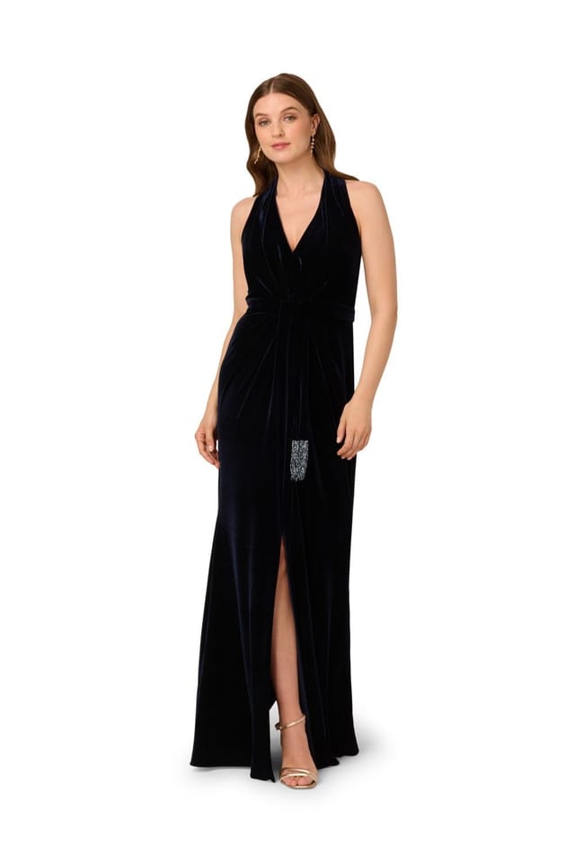 Adrianna Papell Adrianna Papell Women's Halter Draped Velvet Gown in Navy - 2
