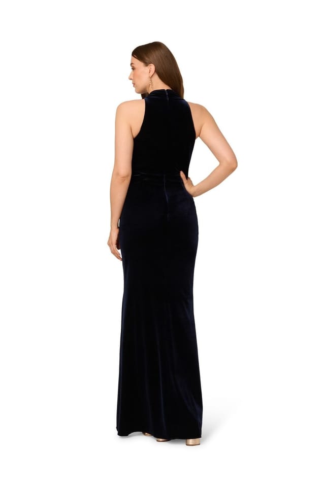 Adrianna Papell Adrianna Papell Women's Halter Draped Velvet Gown in Navy - 3