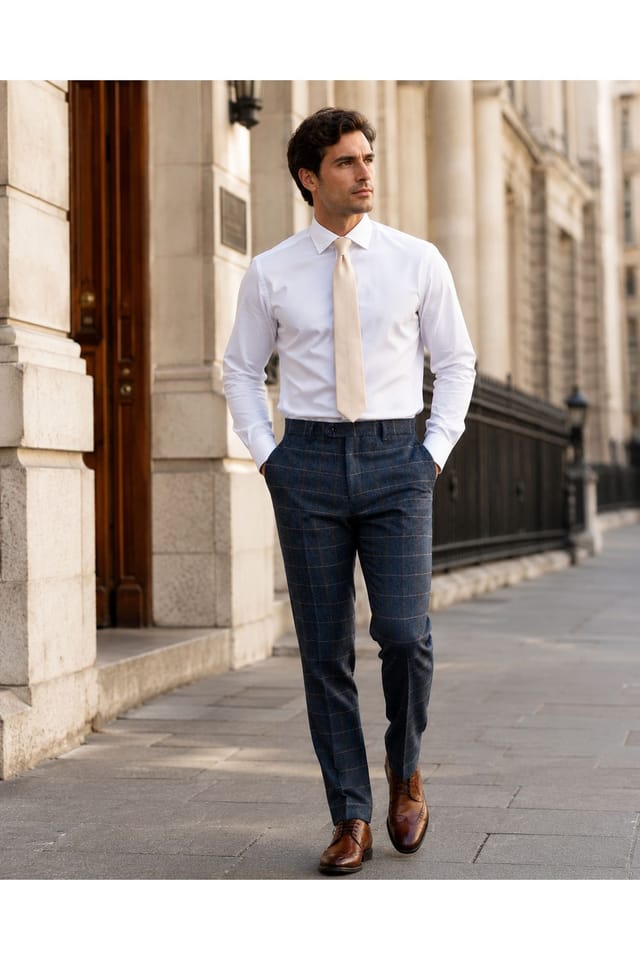 Paul Andrew Paul Andrew Men's Trousers Tweed Herringbone Check Wool Blend Pants in Navy - 2