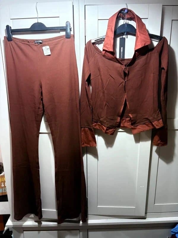 Fashion Nova Fashion nova brown shirt and ribbed flared trousers set co ord suit outfit size 16