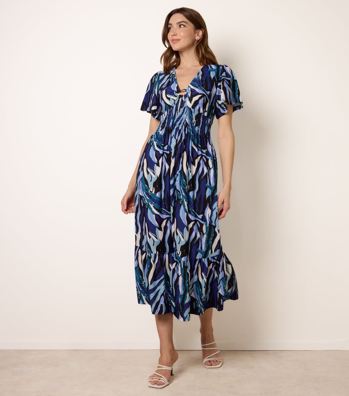 Blue Vanilla Women's Navy Abstract Print Front Ring Midi Dress Blue Vanilla New Look