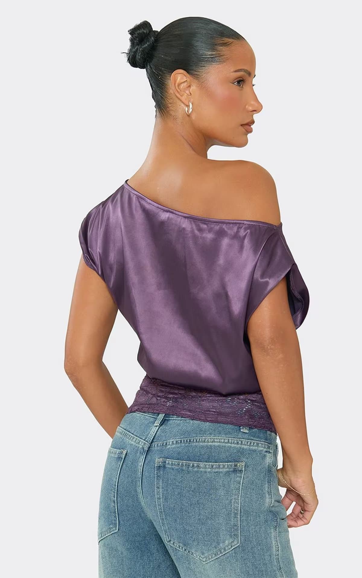 EGO EGO Purple Satin Off The Shoulder Lace Hem Detail Top