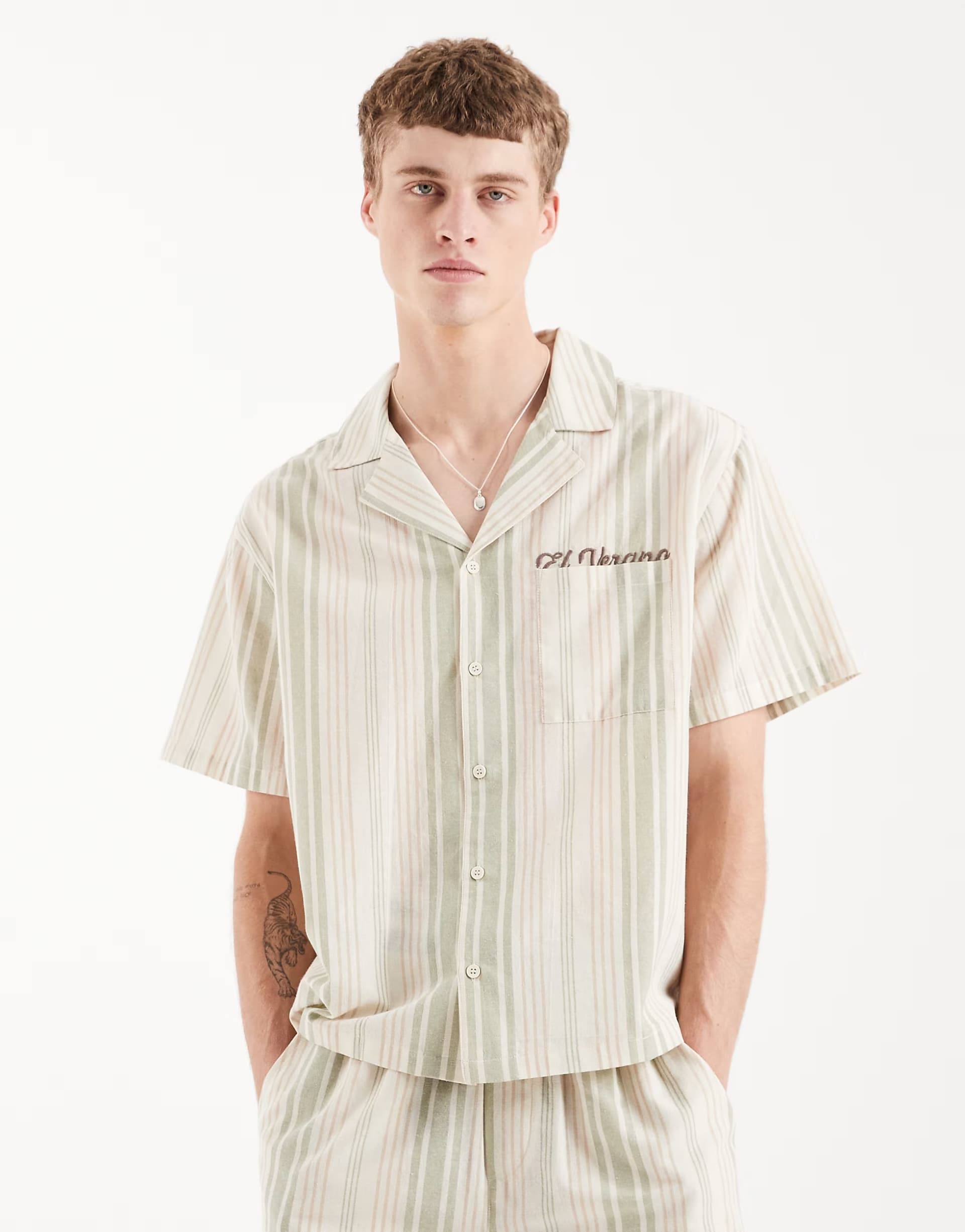 ASOS Aray revere beach shirt in beige khaki stripe