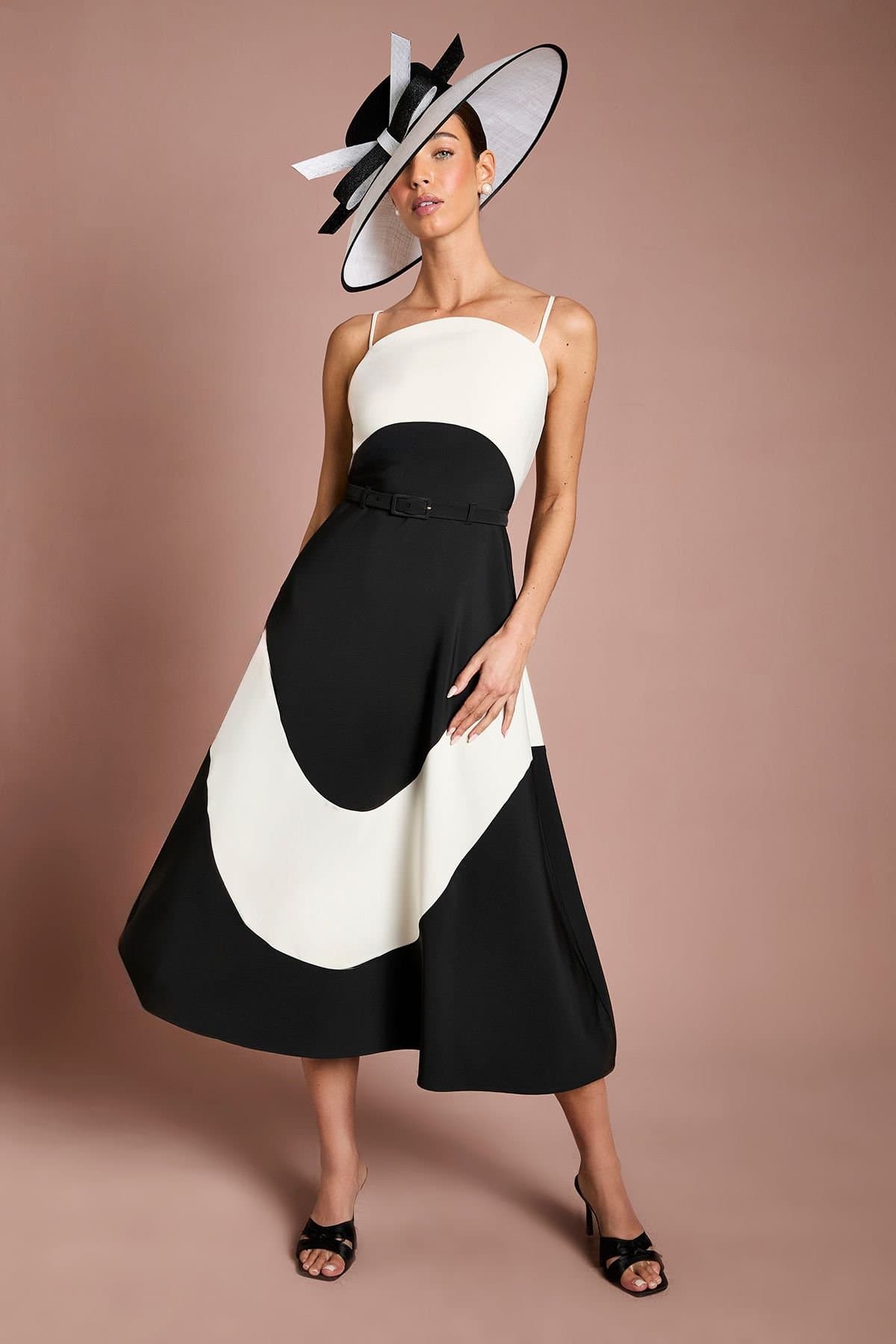 Coast Coast Women's Lisa Tan Colour Block Crepe Strappy Belted Midi Dress in Mono