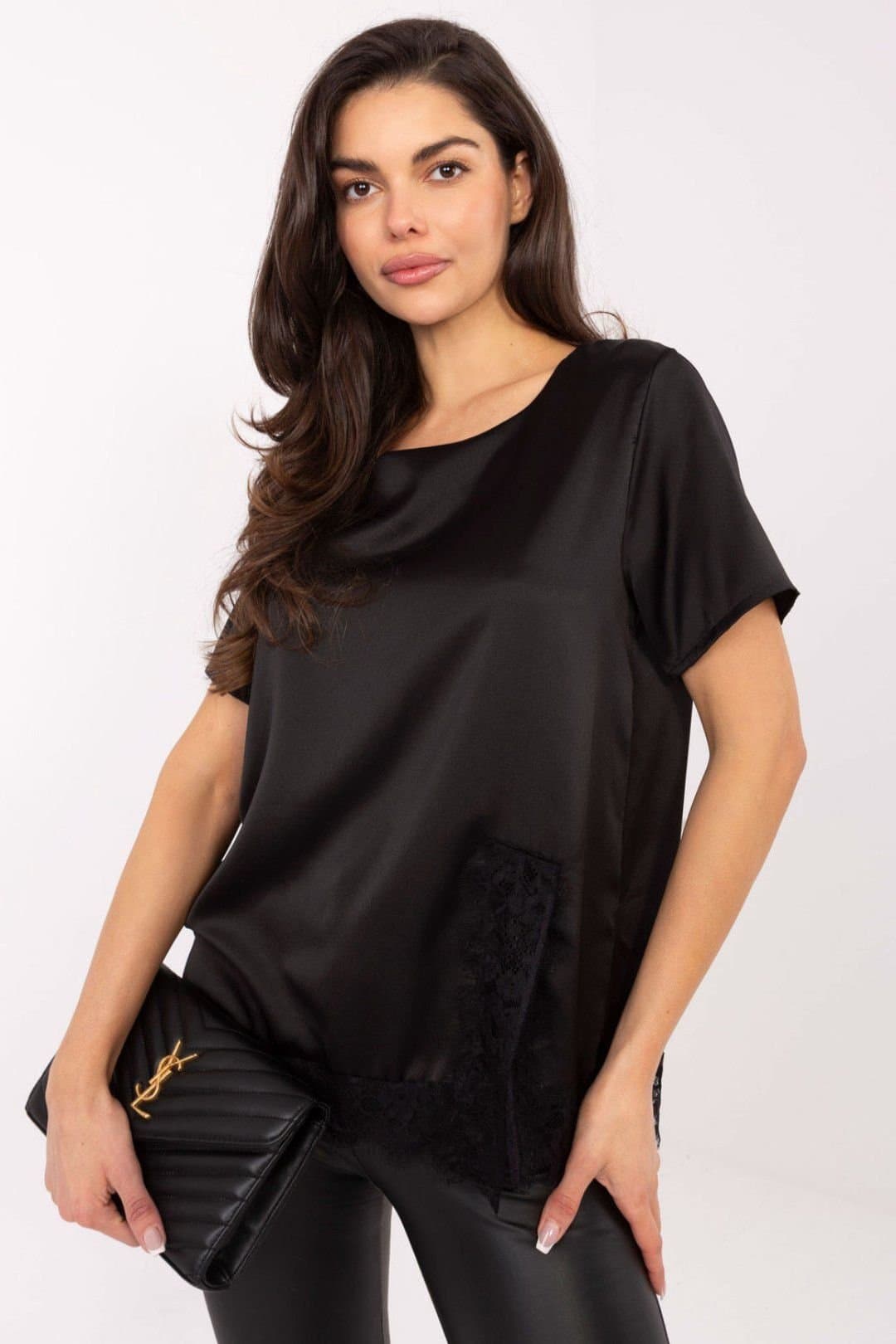 Love Lace Love Lace Women's Stylish Short Sleeve Blouse with Lace Hem in Black