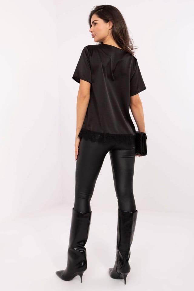 Love Lace Love Lace Women's Stylish Short Sleeve Blouse with Lace Hem in Black - 3