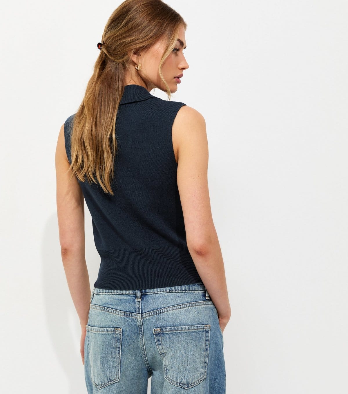 New Look Women's Navy Compact Knit Sleeveless Polo Vest Top New Look - 4