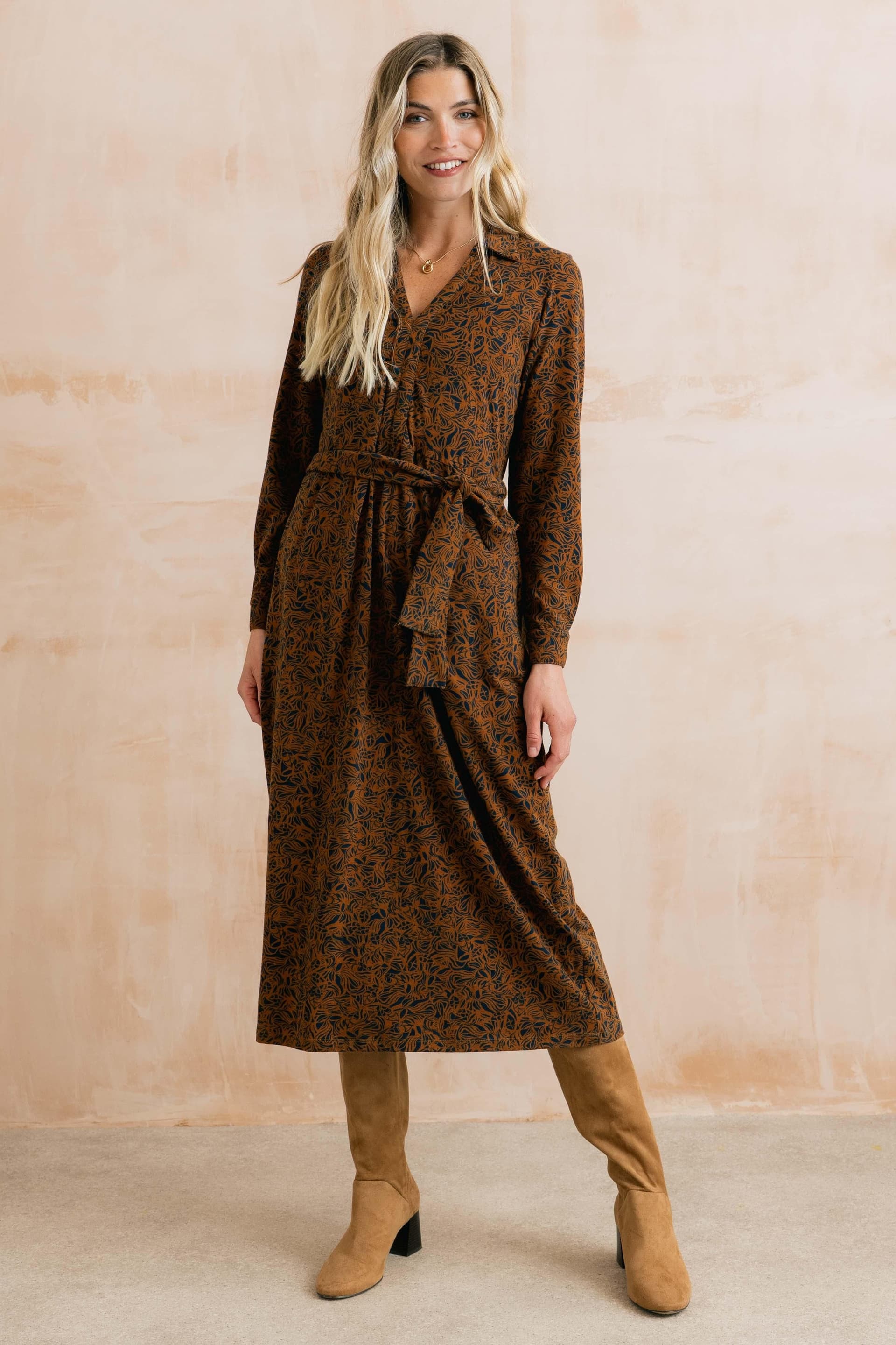 Lily & Me Lily & Me Women's Everyday Soft Drape Cotton Long Sleeve Dress with V-neckline in Camel
