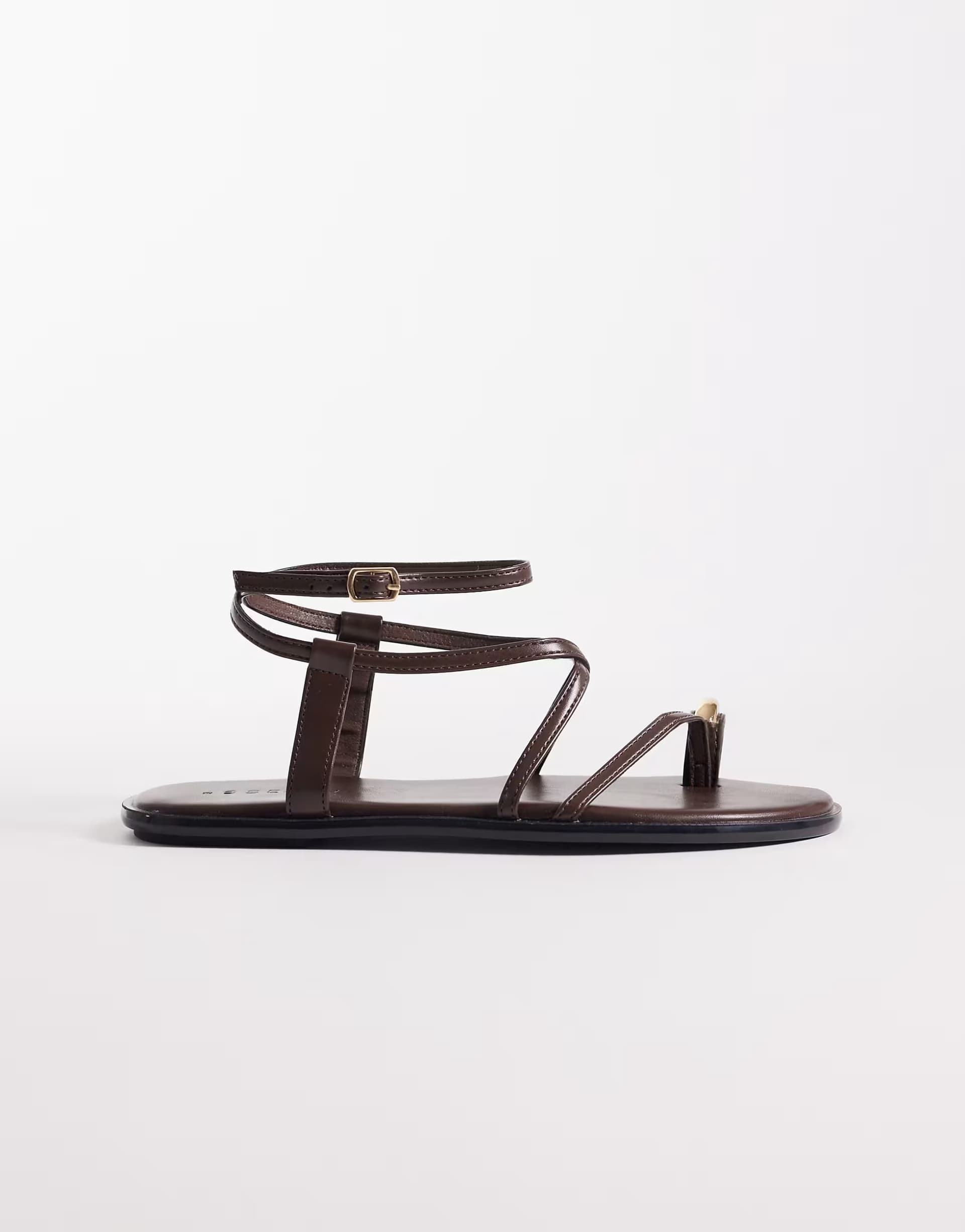 ASOS SEQWL strappy flat sandals with gold embellishment in brown