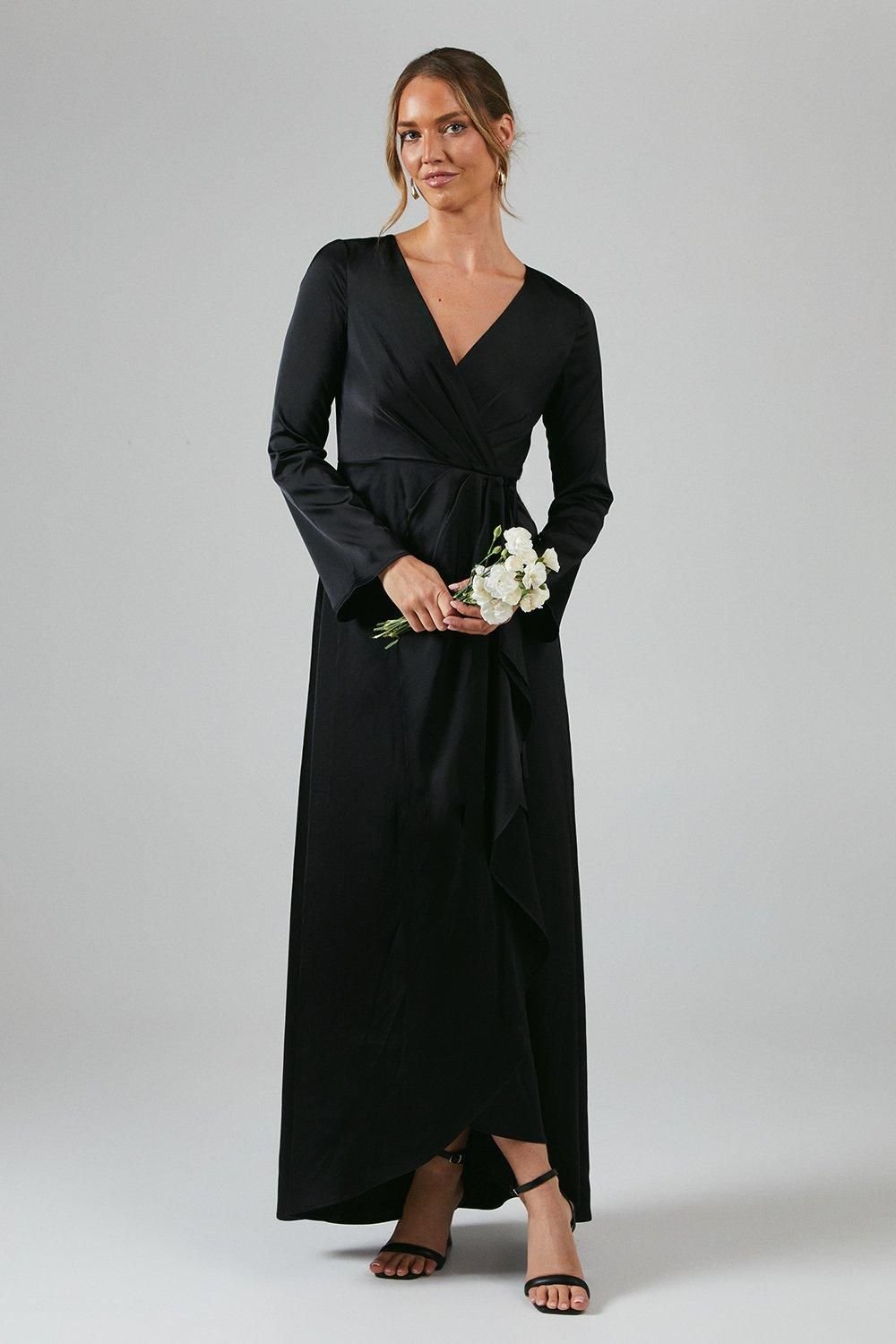 Debut London Debut London Women's by Coast Long Sleeve Waterfall Detail Satin Bridesmaid Dress in Black - 2