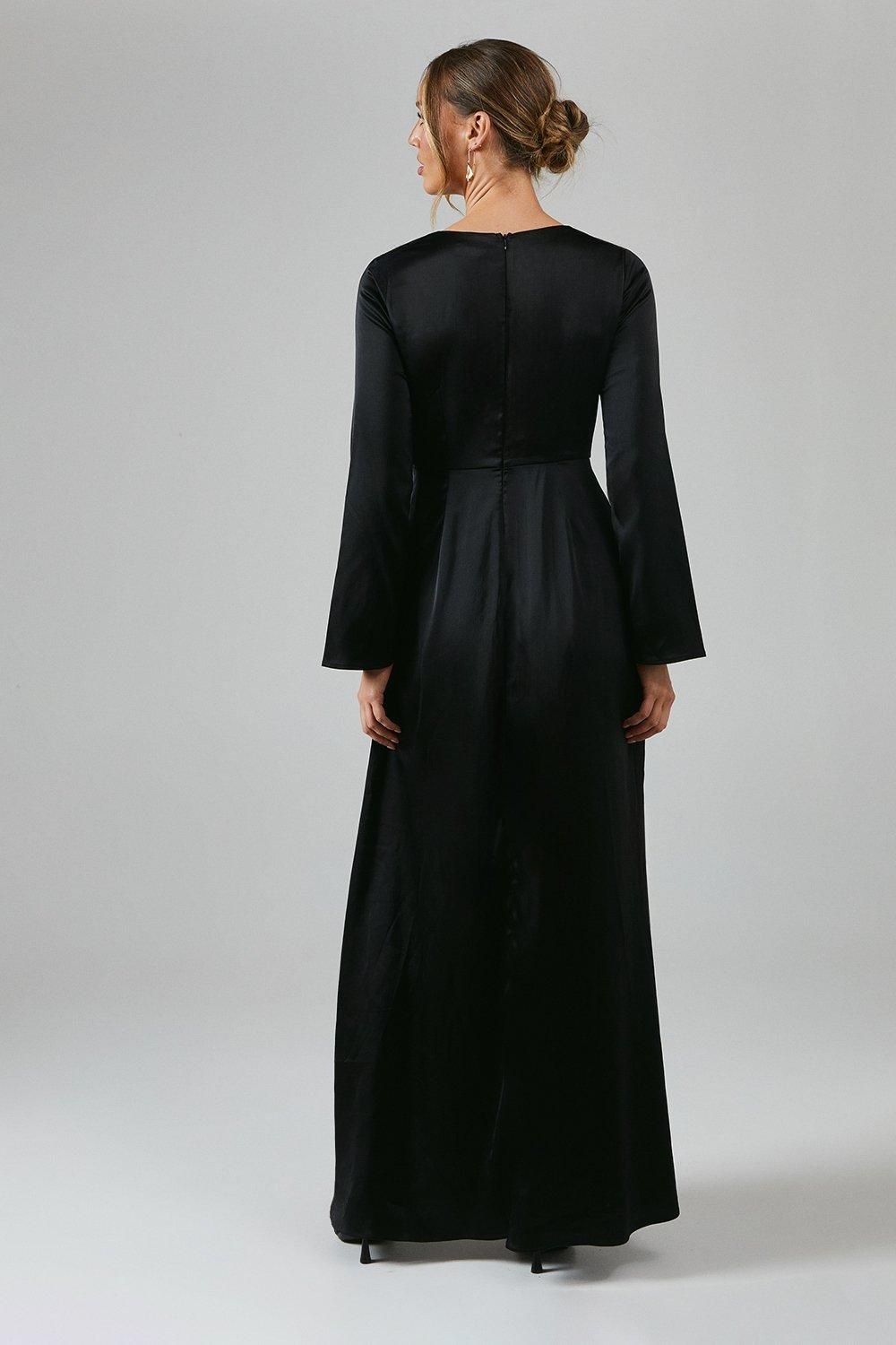 Debut London Debut London Women's by Coast Long Sleeve Waterfall Detail Satin Bridesmaid Dress in Black - 3