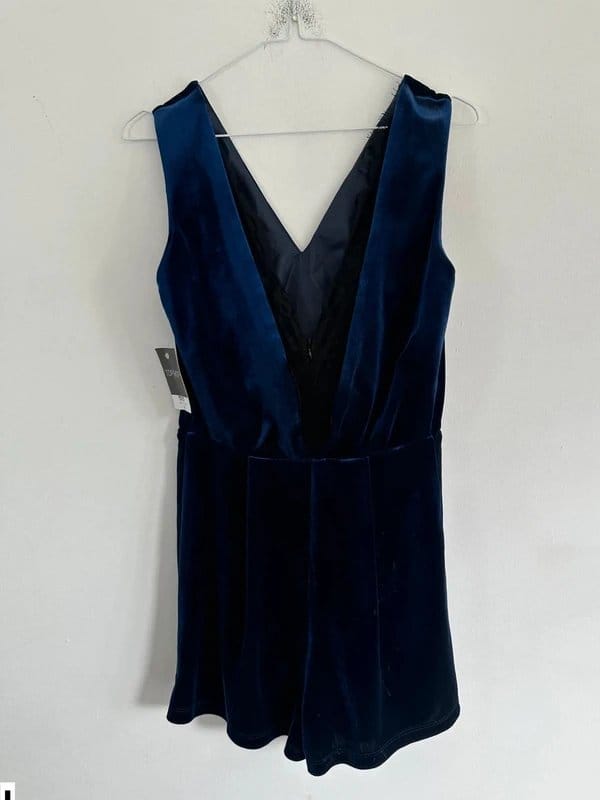 Topshop Navy Velvet Playsuit with Lace Panel