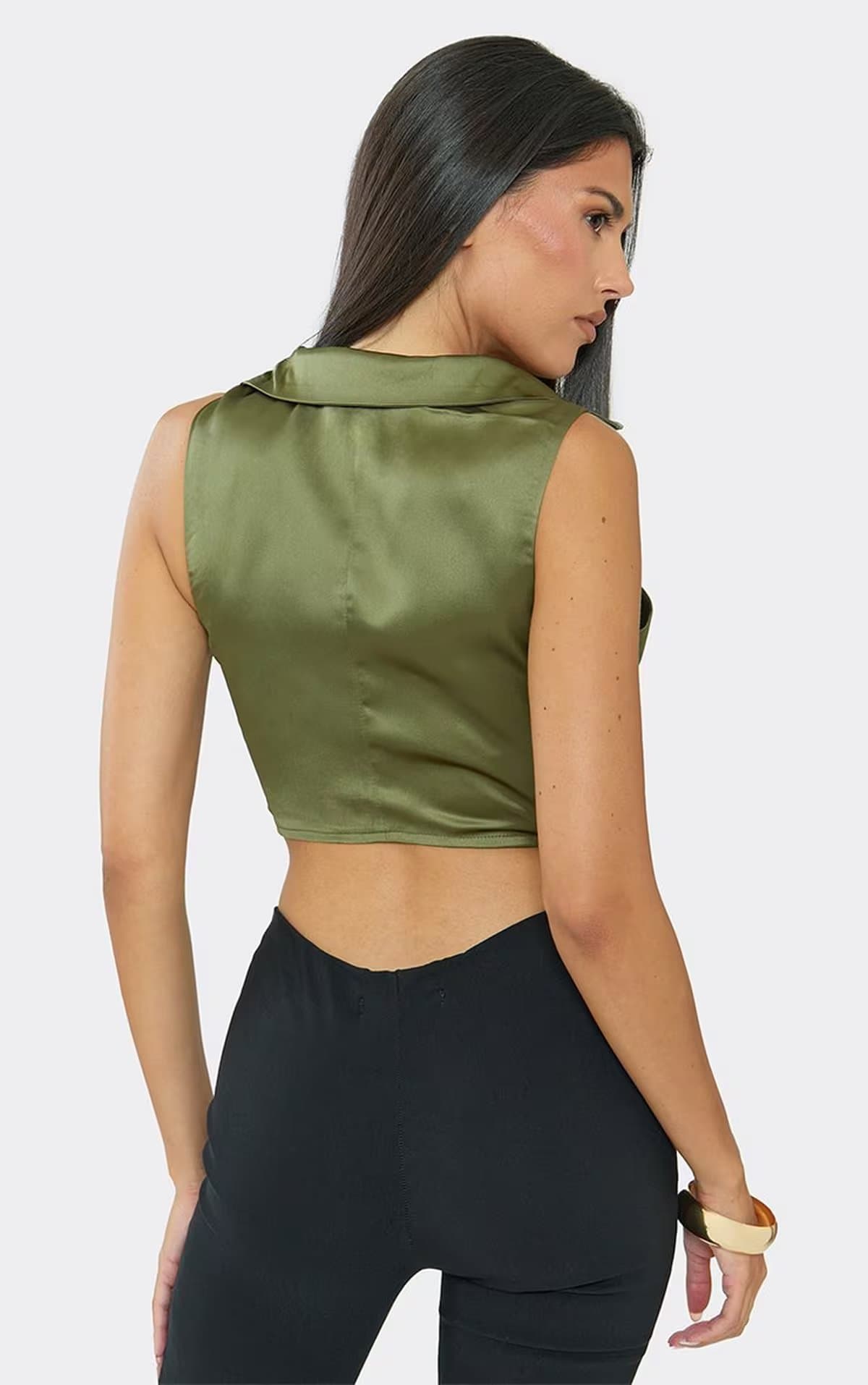 EGO Collared Plunge V Neck Zip Up Top In Khaki Green, Women's Size UK 12