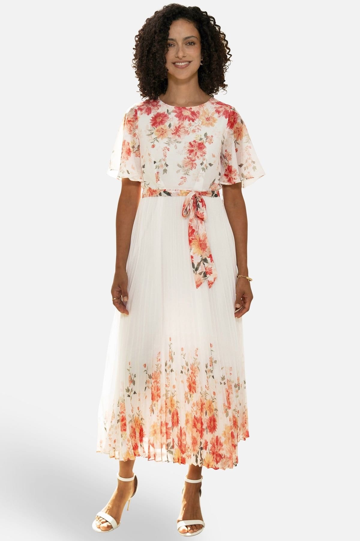 Yumi Yumi Women's Ivory Floral Mirror Pleated Midi Dress in Coral - 1