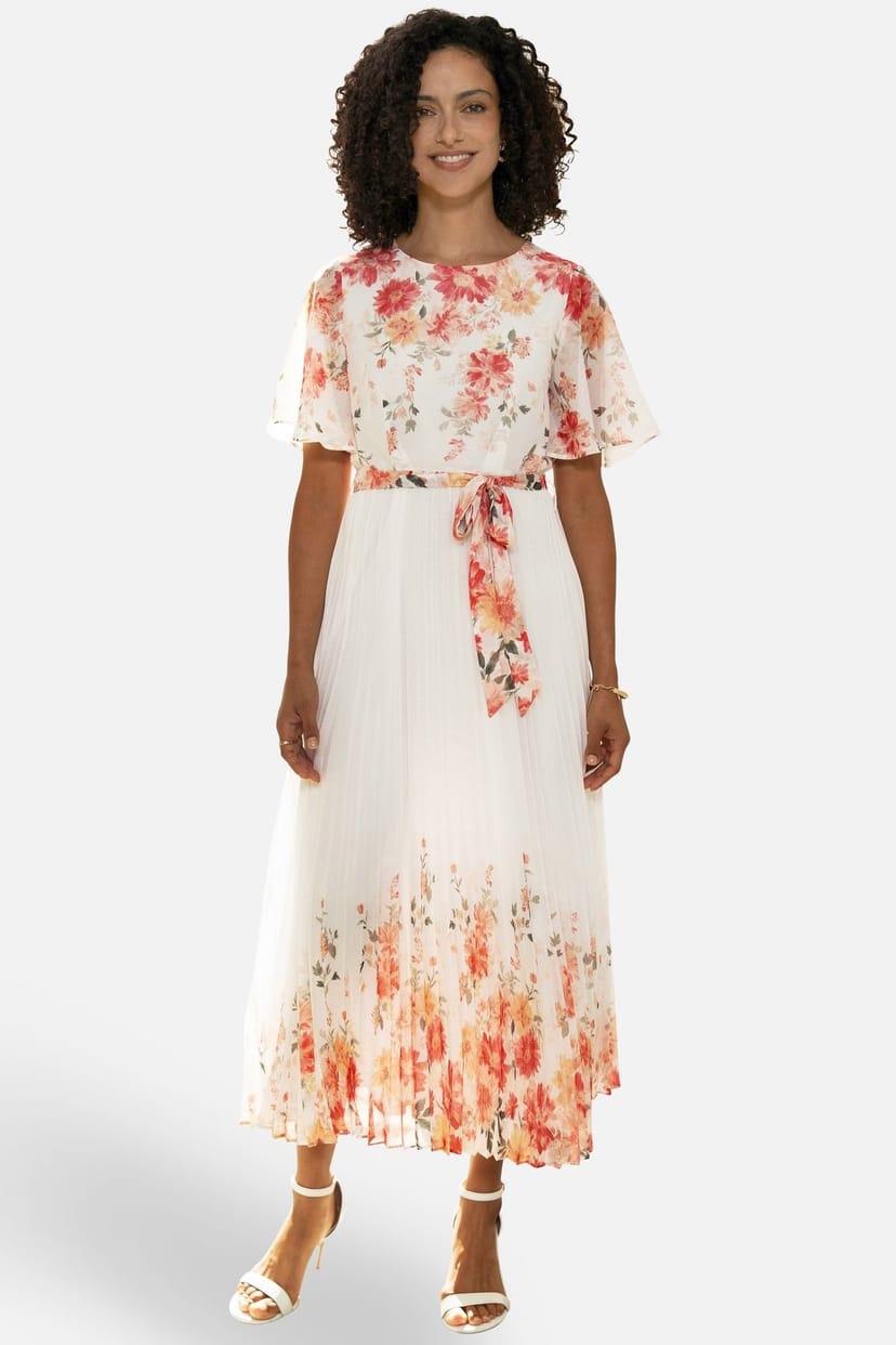 Yumi Yumi Women's Ivory Floral Mirror Pleated Midi Dress in Coral - 1