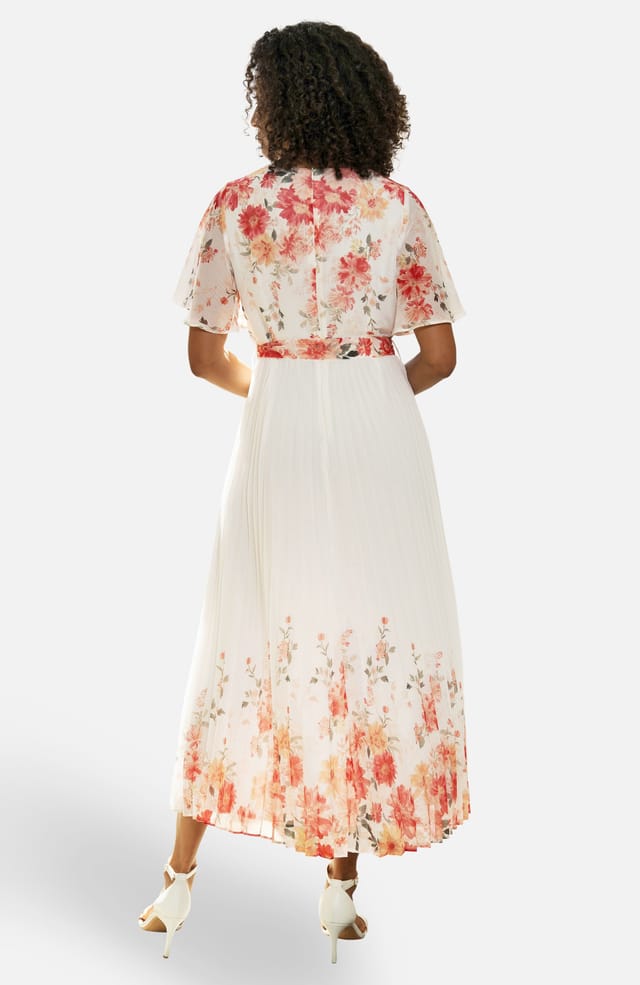 Yumi Yumi Women's Ivory Floral Mirror Pleated Midi Dress in Coral - 2