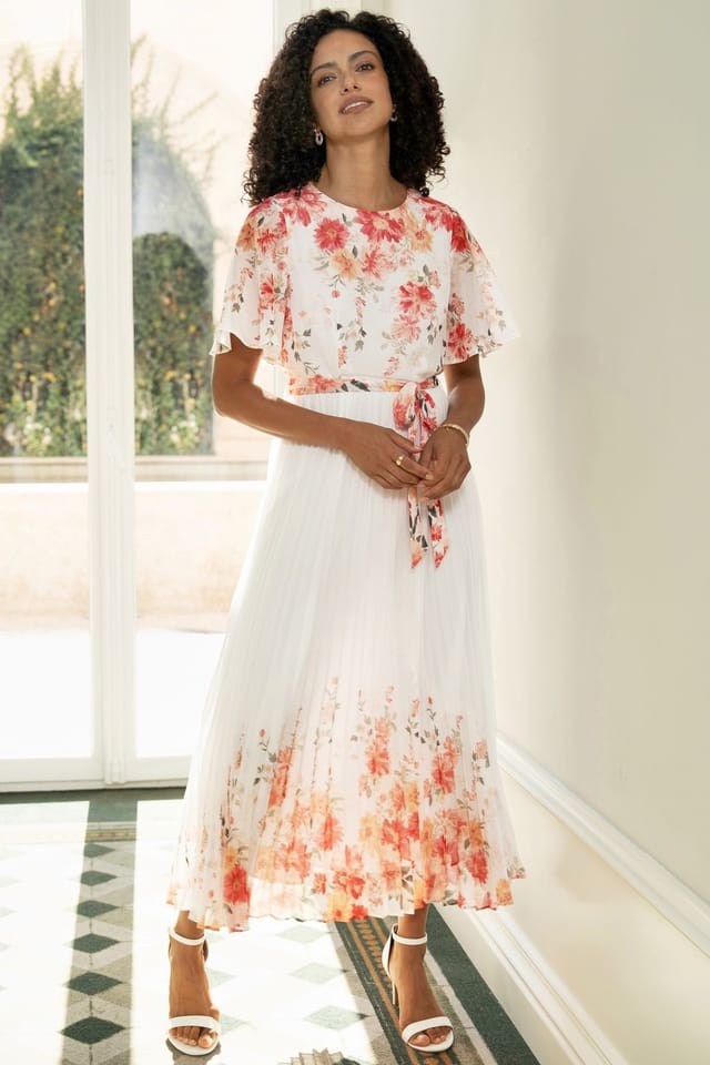 Yumi Yumi Women's Ivory Floral Mirror Pleated Midi Dress in Coral - 3