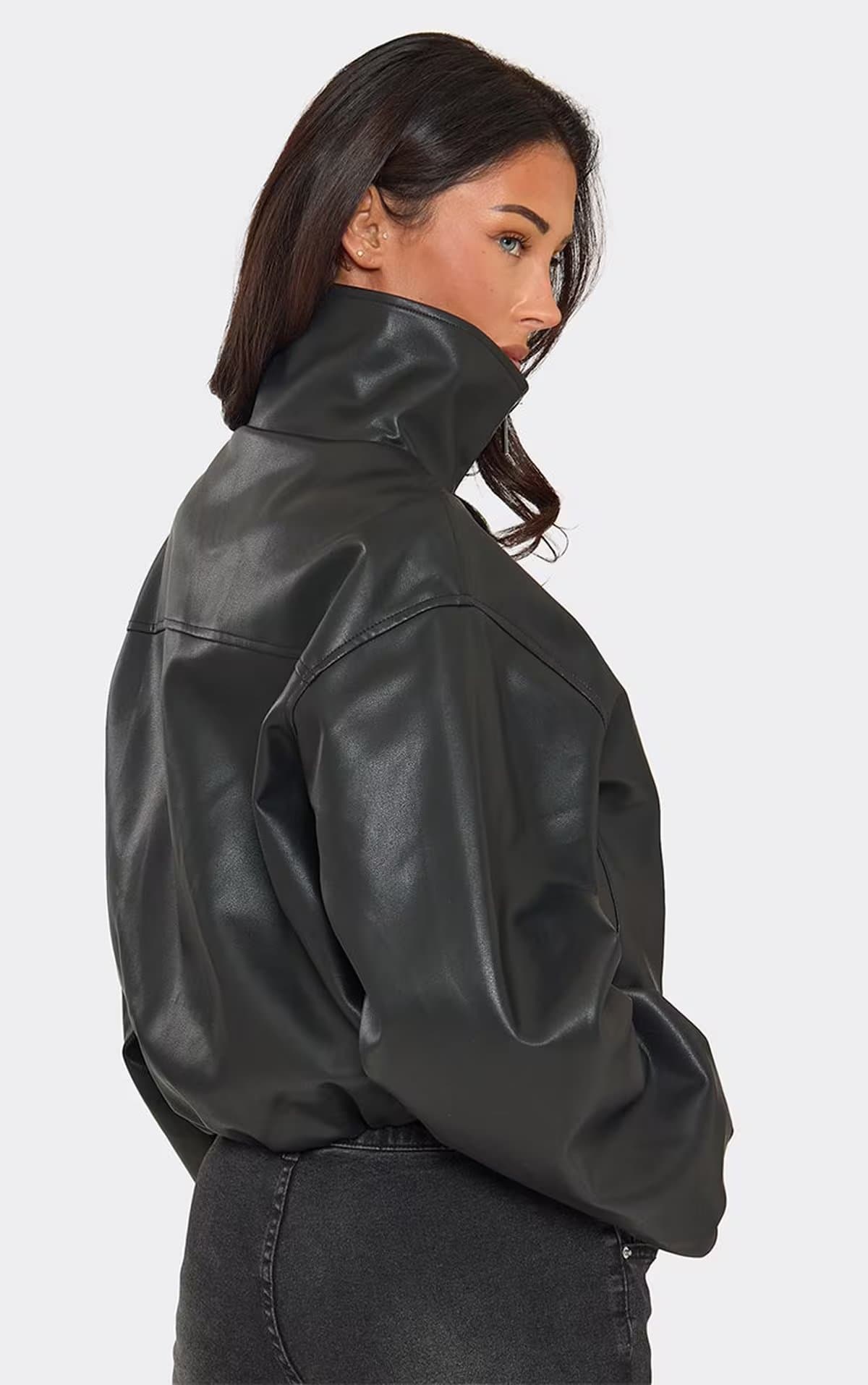 EGO Long Sleeve High Neck Bomber Jacket In Black Faux Leather, Women's Size UK 6