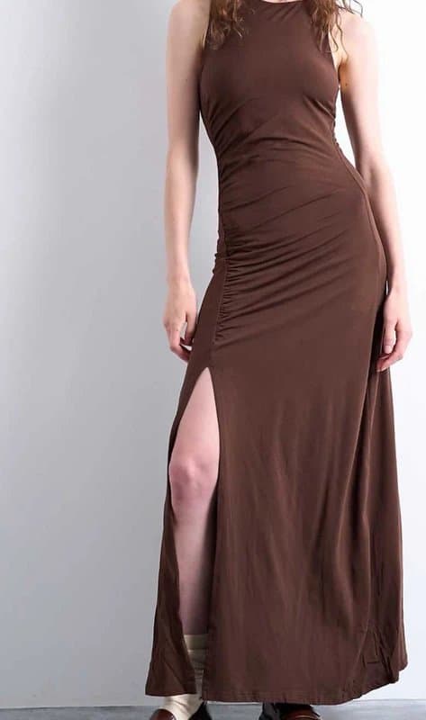 Topshop Topshop chocolate brown new season viral ruched maxi dress split leg