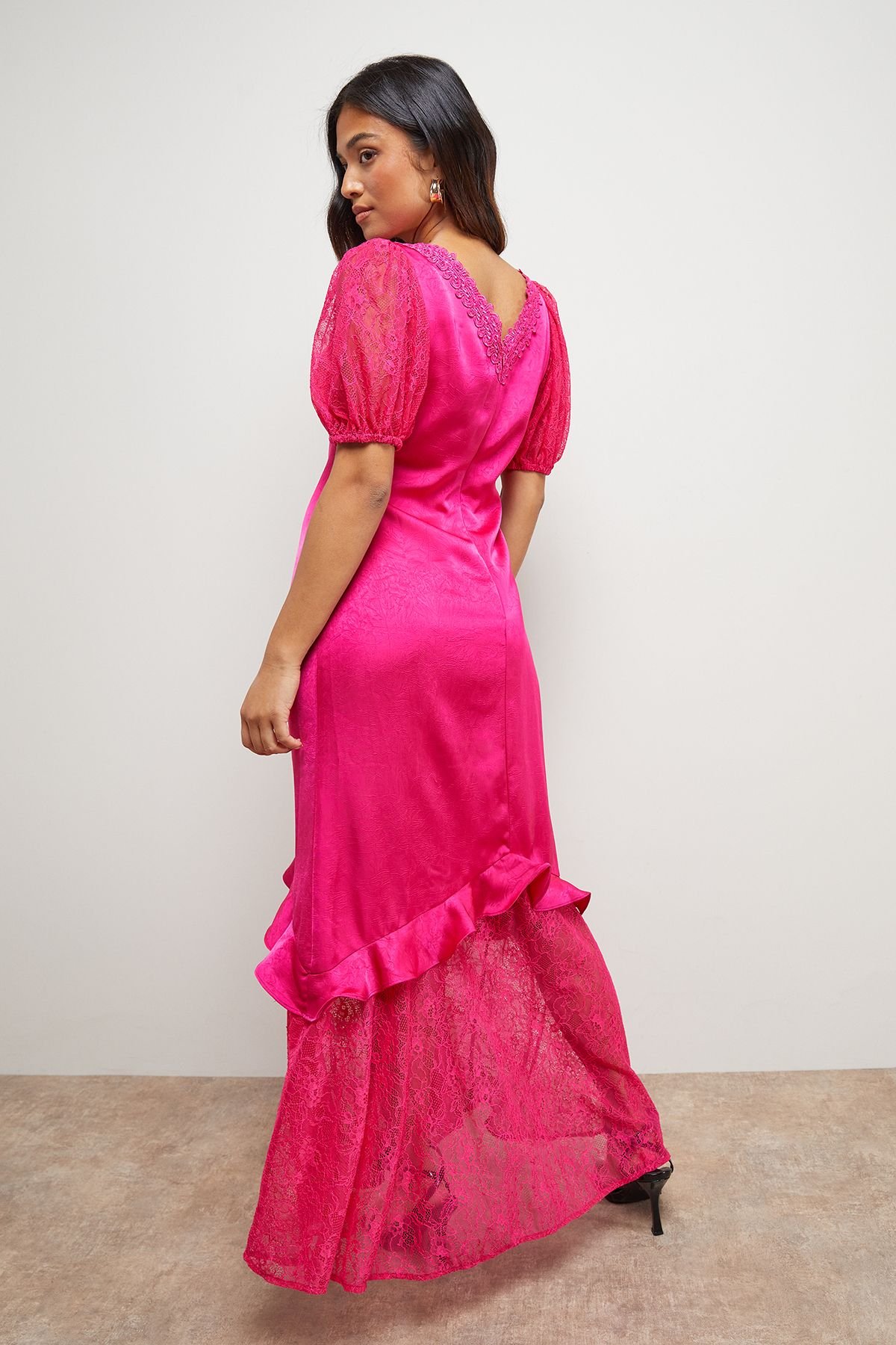 Oasis Oasis Women's Petite Plain Lace Frill Detail Puff Sleeve Midi Dress in Fuchsia - 3