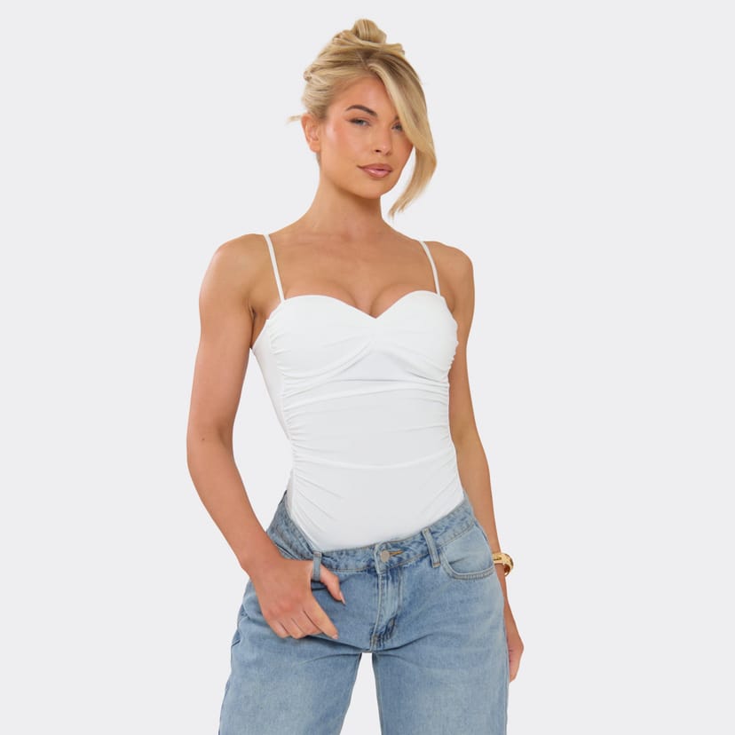 EGO Sweetheart Neckline Ruched Bodysuit In White, Women's Size UK M/L - 1