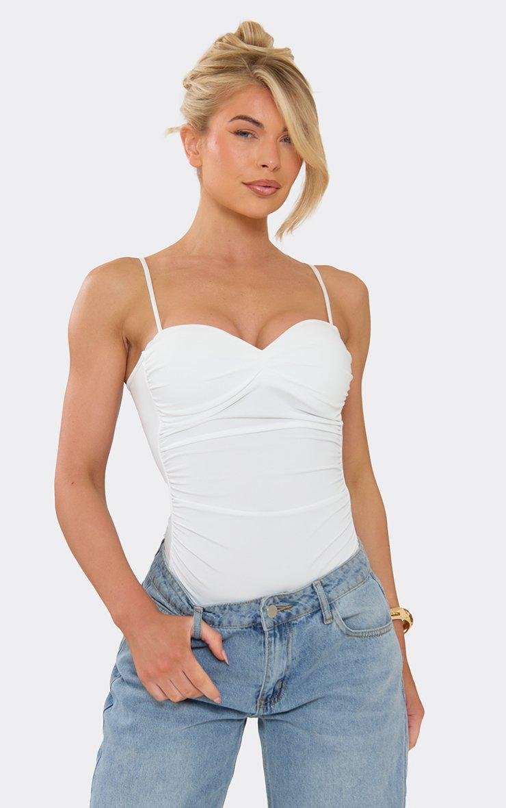 EGO Sweetheart Neckline Ruched Bodysuit In White, Women's Size UK M/L - 2
