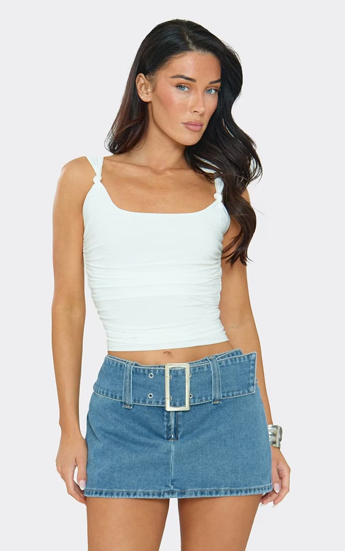 Low Rise Oversized Belt Detail Mini Skort In Mid Blue Denim, Women's Size UK 6