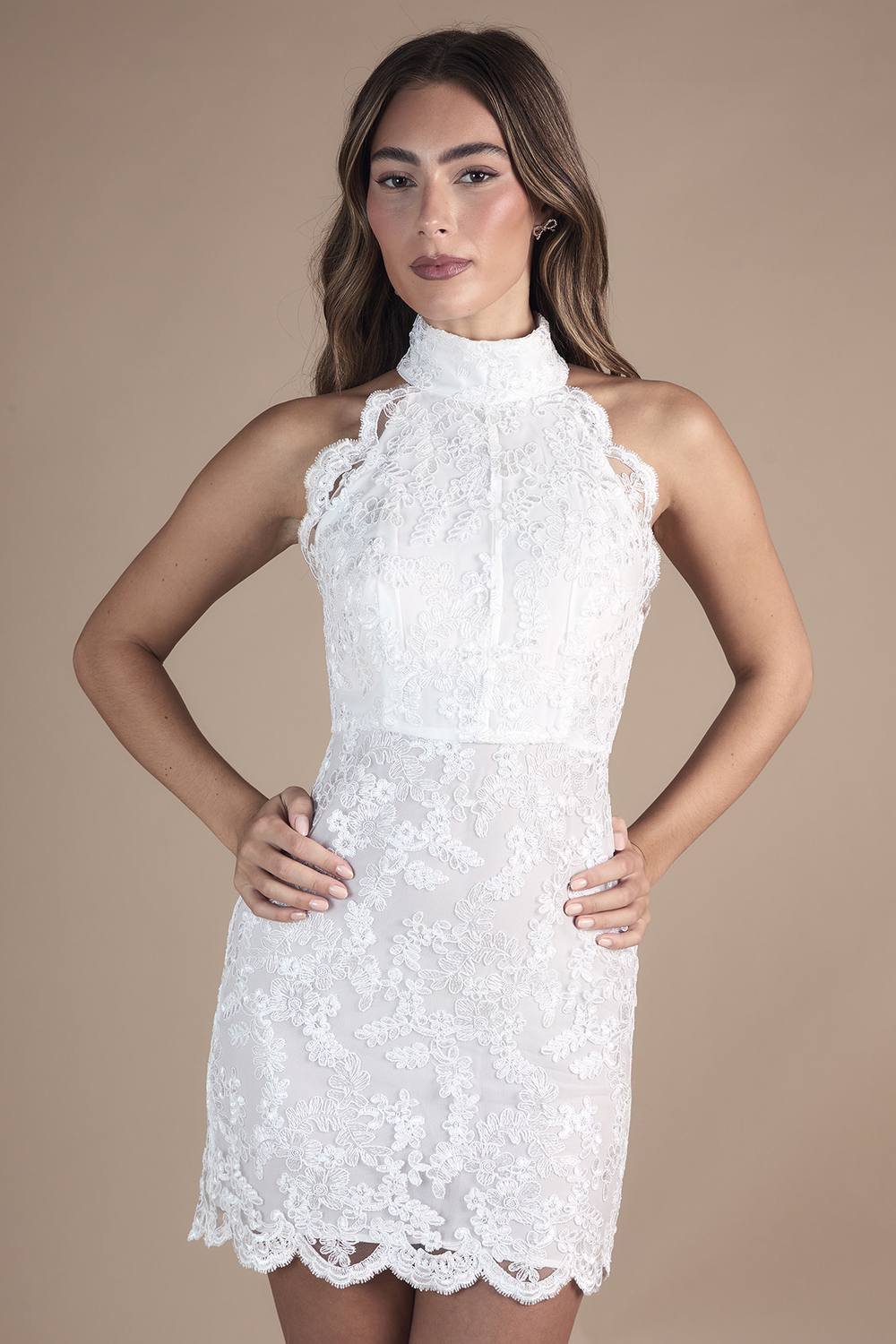 Coast Coast Women's High Neck Embroidered Mesh Mini Wedding Dress in Ivory - 2