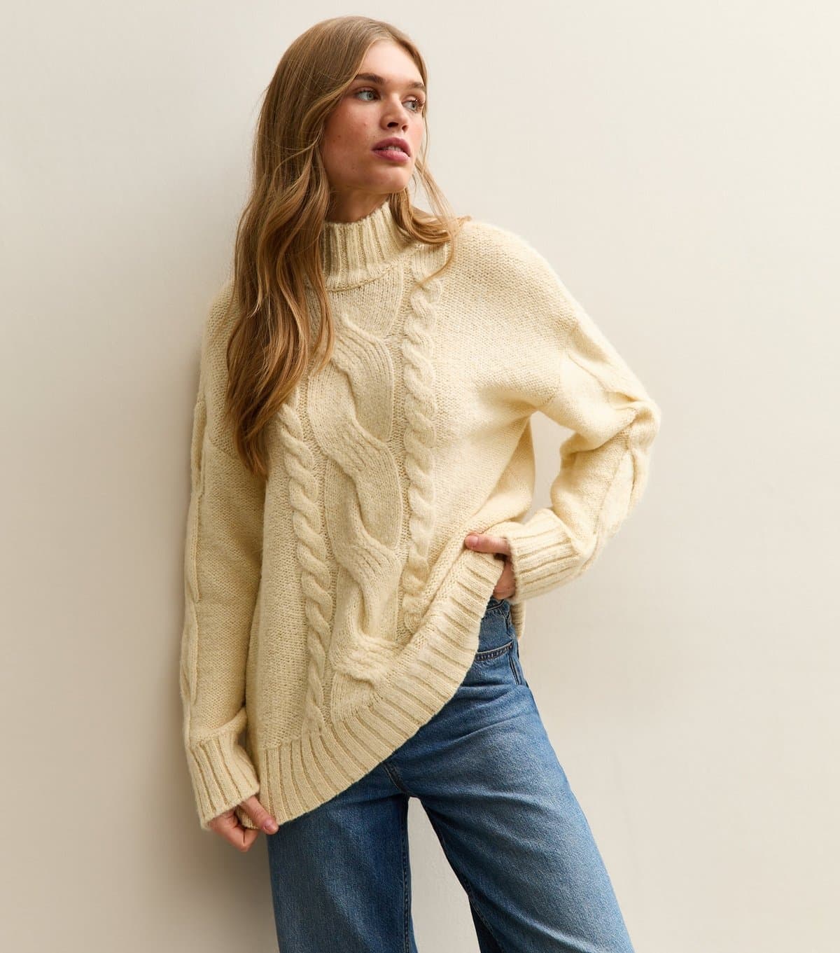 New Look Women's Light Yellow Cable Knit Stand Neck Jumper New Look