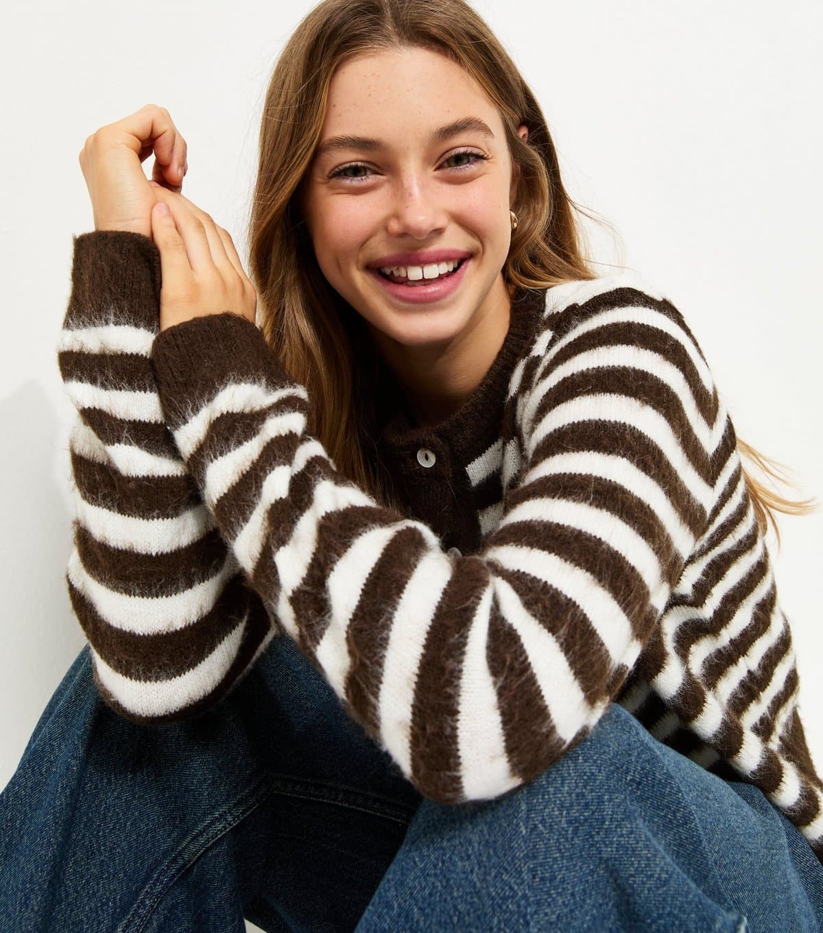 New Look New Look Brown Brushed Knit Striped Cardigan
