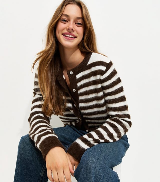 New Look Girls' Brown Brushed Knit Striped Cardigan New Look - 2
