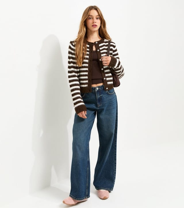 New Look Girls' Brown Brushed Knit Striped Cardigan New Look - 3