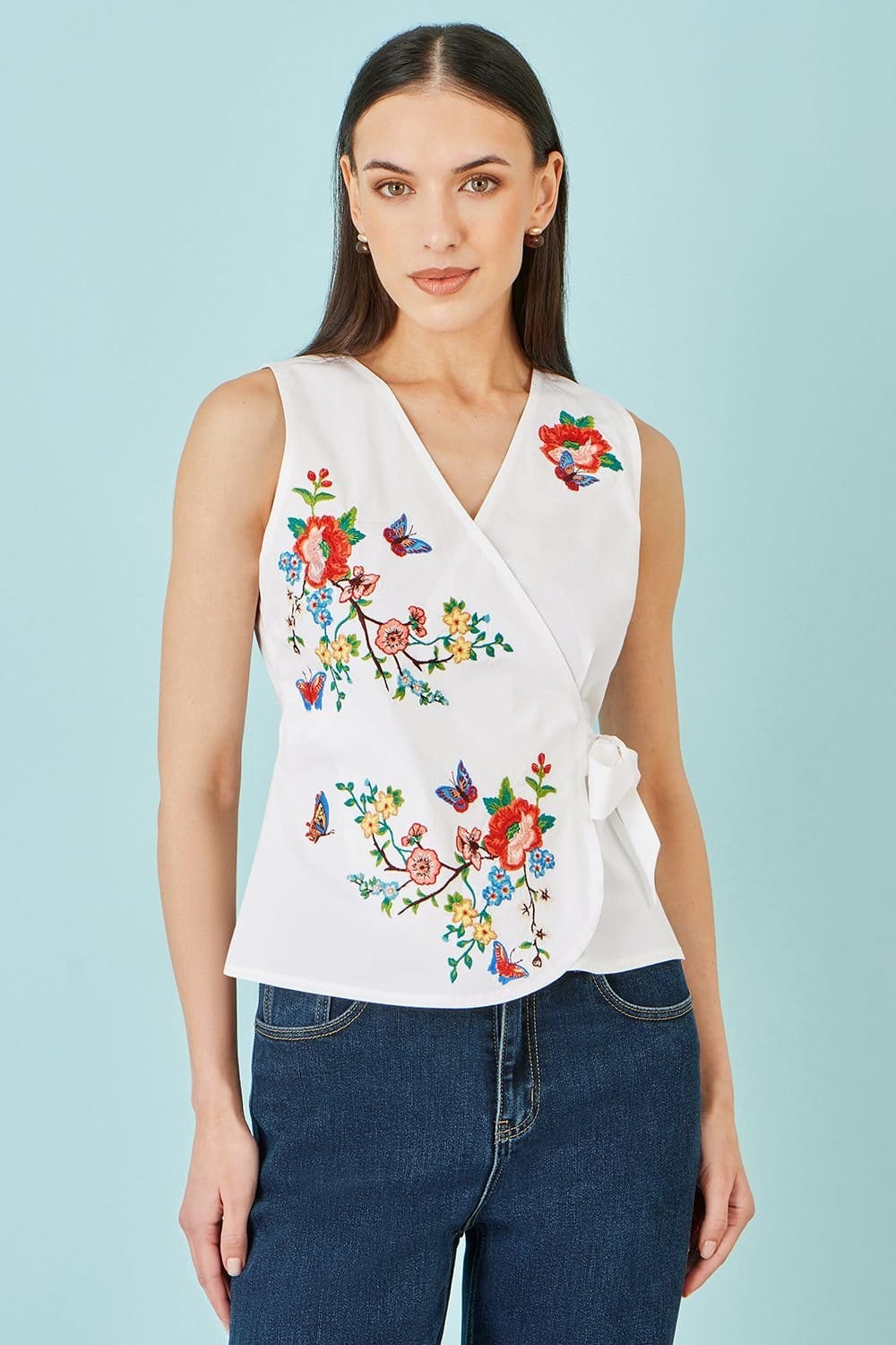 Yumi White Cotton Embroidered Wrap Top