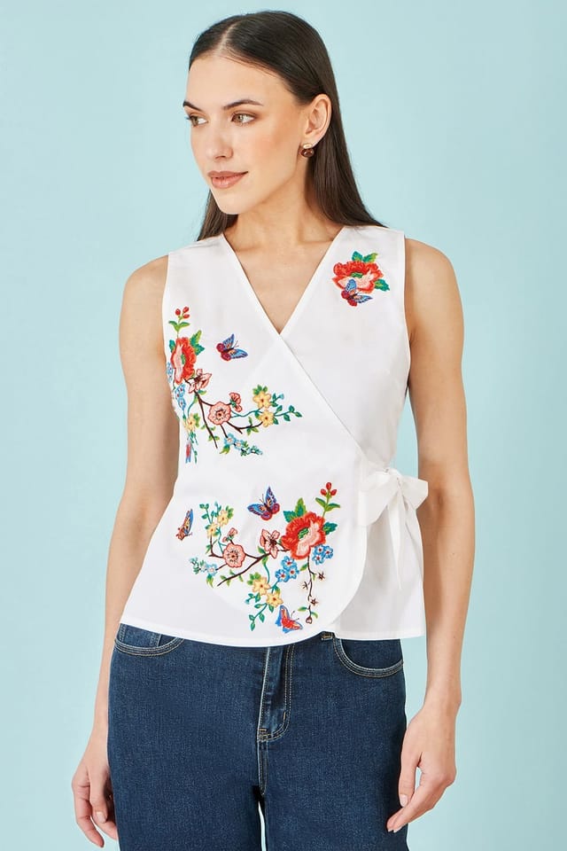 Yumi Yumi Women's Stretch Cotton Embroidered Wrap Top in White - 2